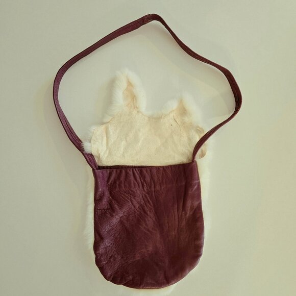 Handmade leather & fur shoulder bag plum off-white artisan genuine - Picture 4 of 10